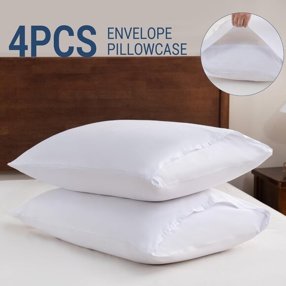 NEW! White Pillowcases Standard 4 Pack, 20x26 Pillow Cases with Envelope Closure - Picture 5 of 7